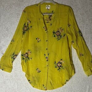 fig and flower Yellow Embroidered Floral Button-Down Blouse